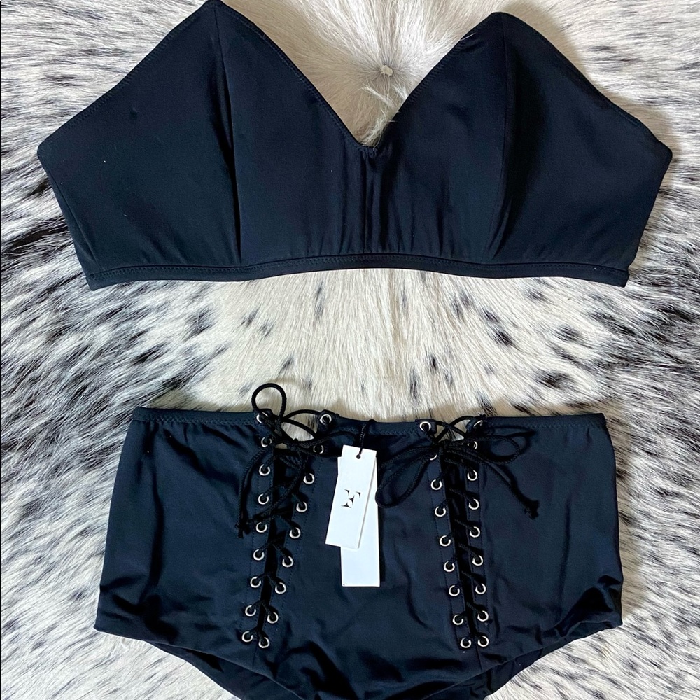 FLEUR DU MAL HIGH-WAIST LACE-UP BIKINI, SZ S/M NWT - Picture 2 of 11